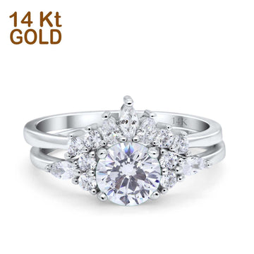 14K White Gold Two Piece Round Bridal Set Ring Wedding Engagement Band Simulated CZ Size 7